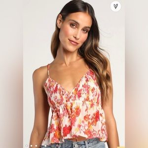 NWT Lulus Traveling Kind Red Abstract Print Sleeveless Smocked Cami Top